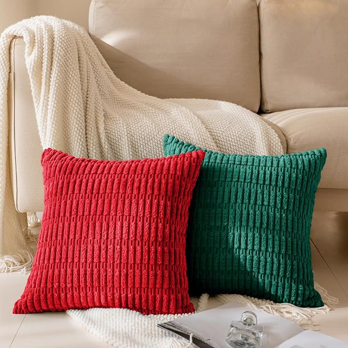 Softalker Corduroy Throw Pillow Covers 18x18 Set of 2, Soft Plush Decorative Square Cushion Cases for Living Room Couch Sofa, Modern Farmhouse Boho Home Decor 45x45cm, Green