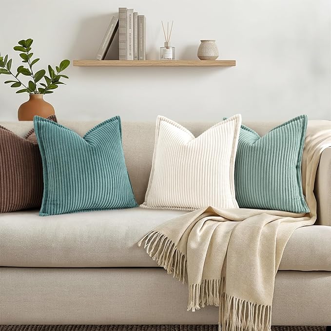 decorUhome Fall Corduroy Pure White Throw Pillow Covers 16x16 Set of 2 | Couch Decorative Soft Modern Boho Farmhouse Pillow Covers Broadside Striped Pillow Cases for Living Room Bed Sofa