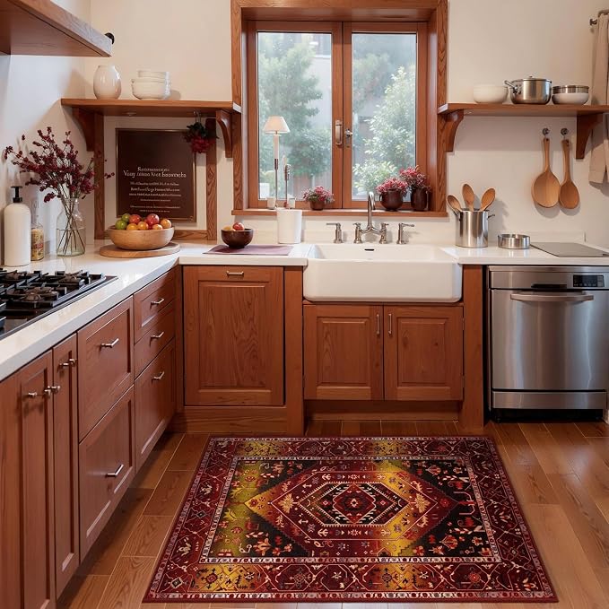 SERISSA Boho Rugs for Entryway, 2x3 Washable Non-Slip Rug Small Area Rug, Ultra Soft Oriental Vintage Rustic Red Gold Low-Pile Indoor Door Mat Floor Carpet for Entrance Bedroom Kitchen Bathroom