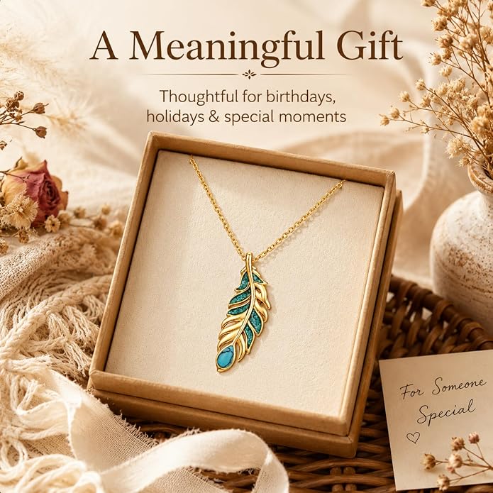Feather Necklace White Gold Boho Jewelry Nature Inspired Statement Birthstone Pendant Gifts for Women