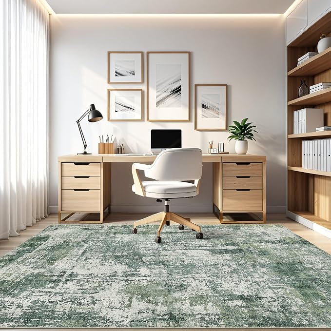 7x9 Area Rug Living Room: Washable Large Abstract Soft Stain Resistant Indoor Floor Rugs Non-Slip Accent Carpet for Bedroom Nursery Playroom Office Dining Room Home House- Dark Green