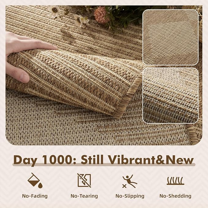 MontVoo-Outdoor Rug Carpet Patio Rug 4x6 ft Polypropylene Indoor Outdoor Rugs for Patio Deck Balcony Porch, Textured Weave, Durable for High Traffic, Fade-Resistant, Boho Geometric Neutral Brown