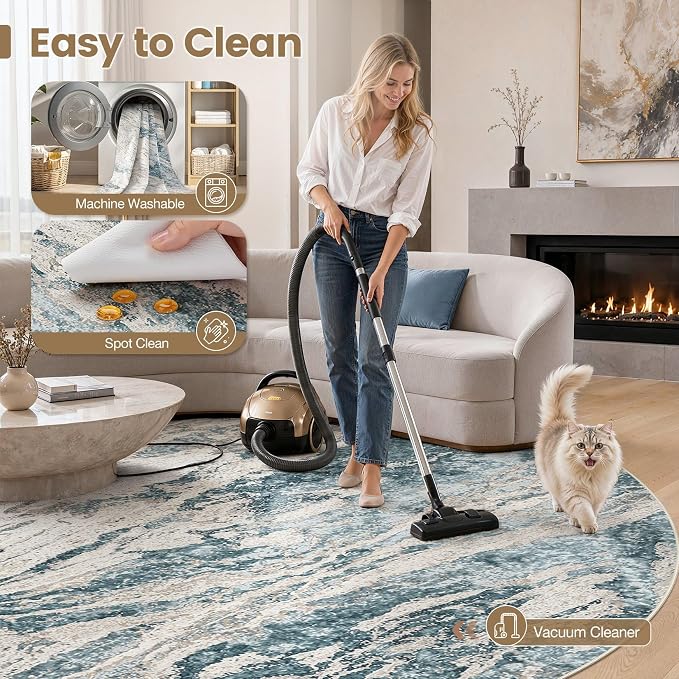 Area Rugs for Living Room: 5ft Round Abstract Washable Rug Modern Neutral Large Soft Stain Resistant Non-Slip for Bedroom Dining Room Indoor Home Office Carpet - Blue Brown