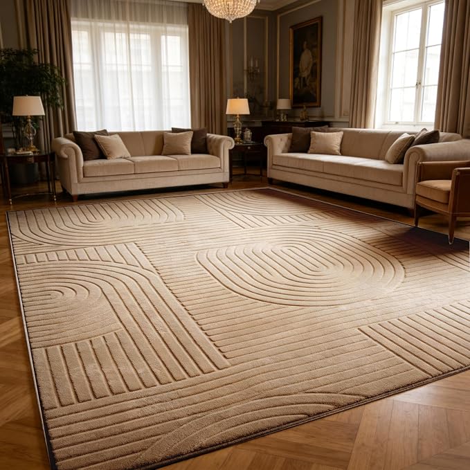8x10 Large Solid Color Area Rug, Washable Living Room Rug, Ultra Soft High-Low Rugs for Bedroom, Non-Slip Geometric Textured Indoor Carpet for Nursery, Kids Room, Apartment, Home Office, Brown