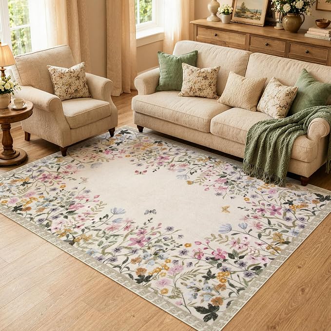 Wonnitar 5x7 Area Rug for Living Room, Floral Washable Rug for Bedroom, Boho Botanical Nursery Rug, Non Slip Soft Farmhouse Carpet, Beige Kids Playroom Decor (5x7 Beige)