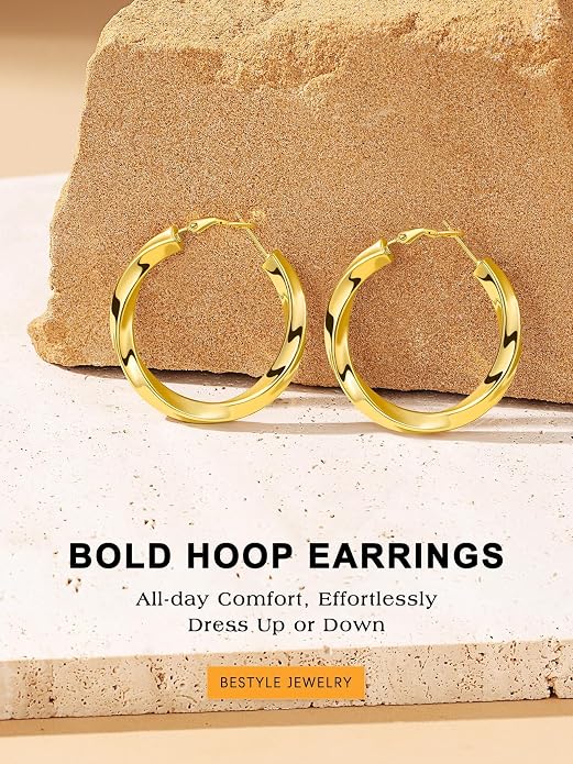 Bestyle 5mm Thick Gold Hoop Earrings Hypoallergenic Hoops for Sensitive Ears Trendy Lightweight Chunky Earrings for Women 30/40/60/80mm