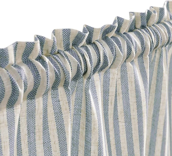 Vangao Blue Stripe Linen Tiers Curtains 24 Inch Farmhouse 2 Panels | Light Filtering, Semi Sheer, for Kitchen, Living room, Tickingstripe Drapes, Pinstripe, Window Treatments