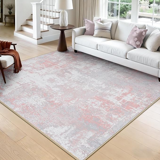 RELEANY Washable Area Rugs Square 8ft Non-Slip Modern Abstract Soft for Living Room Entryway Bedroom Kitchen, Print Pattern, Grey Pink