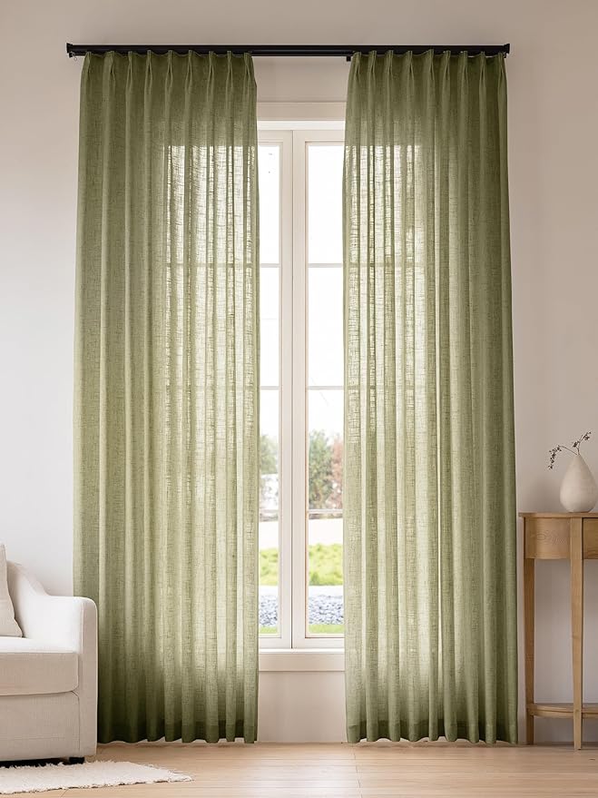Liz Pinch Pleated Linen Curtains Light Filtering Curtains for Living Room, Farmhouse Window Curtains for Bedroom, Modern Drapes with Hooks and Rings, 108 Inches Long, Olive Green, 2 Panels Set