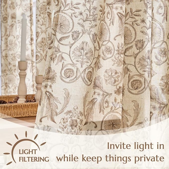 jinchan Linen Floral Curtains for Living Room with Printed Flower 90 Inches Long Light Filtering Farmhouse Window Treatment Vintage Drapes Back Tab Rod Pocket 2 Panels Taupe on Beige