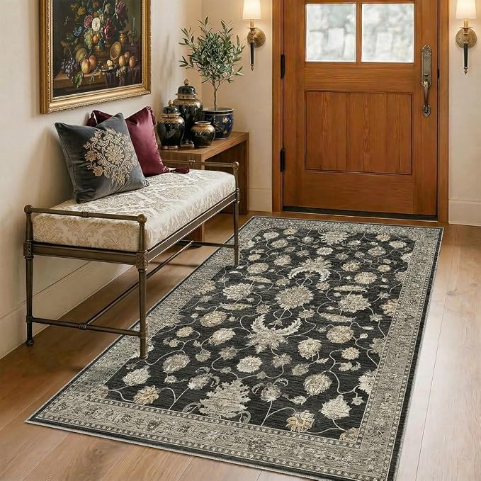 3x5 Area Rug for Living Room-Vintage Farmhouse Boho Floral Washable Stain Resistant Indoor Carpet for Bedroom Office and Home Decor(Black&Gold)