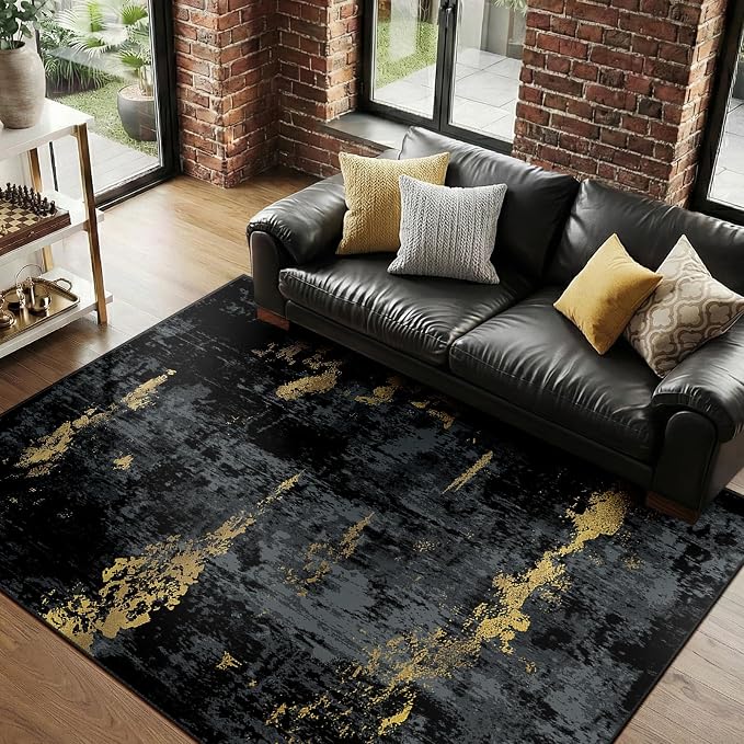 RELEANY Washable Area Rugs 6'x9' Non-Slip Modern Abstract Soft for Living Room Entryway Bedroom Kitchen, Print Pattern, Dark Black Gold