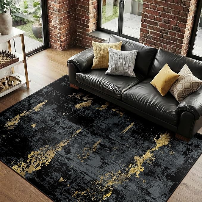 RELEANY Washable Area Rugs 9'x12' Non-Slip Modern Abstract Soft for Living Room Entryway Bedroom Kitchen, Print Pattern, Dark Black Gold