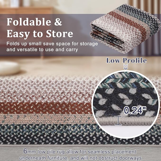 RUGSREAL Braided Washable Area Rug 8x10 Large Rug for Living Room Modern Braid Bedroom Rug Non Slip Stain Resistant Dining Room Throw Carpet Soft Farmhouse Accent Carpet for Home Decor, Olive/Brown