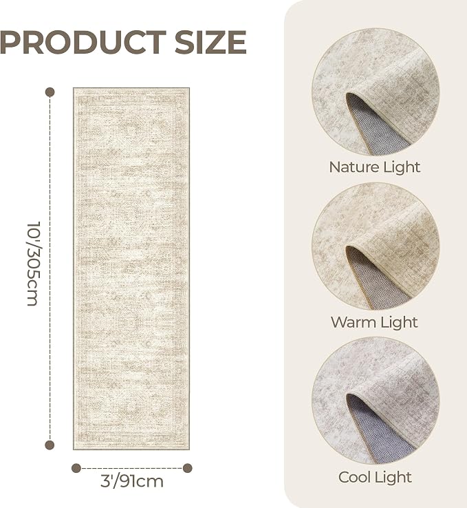 3x10 Runner Rug Non Slip,Washable Hallway Runner Rug,Beige | Long Neutral Rugs for Kitchen,Entryway,Bedroom,Bathroom,Laundry Room,Thin,Soft Runner Rug,Stain Resistant Indoor Carpet