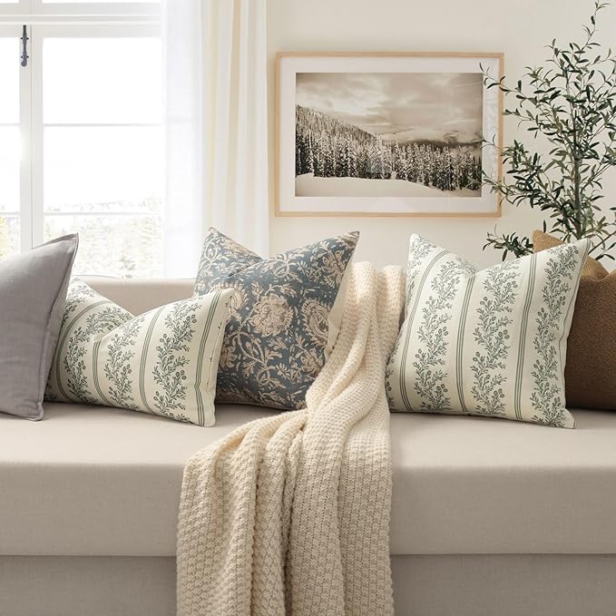 Vintage Throw Pillow Covers 18x18 Set of 2, Striped Floral Pillow Cover Botanical Patterned Decorative Cushion Covers Modern Farmhouse Home Decor for Sofa Couch Bed Living Room, Moss Green