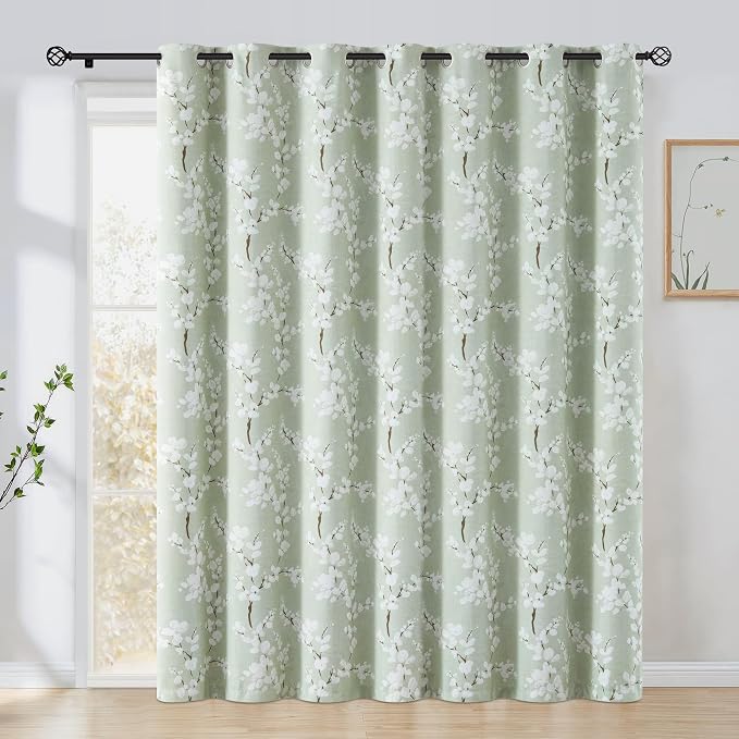 FMFUNCTEX 100% Blackout Green Floral Curtain 84 Inch Grommet Drapes 1 Panel | Black Out Sliding Glass Door Drapes, Thermal Insulated, Blossom Print Extra 100 Wide Panel for Patio Doors, Room Darkening