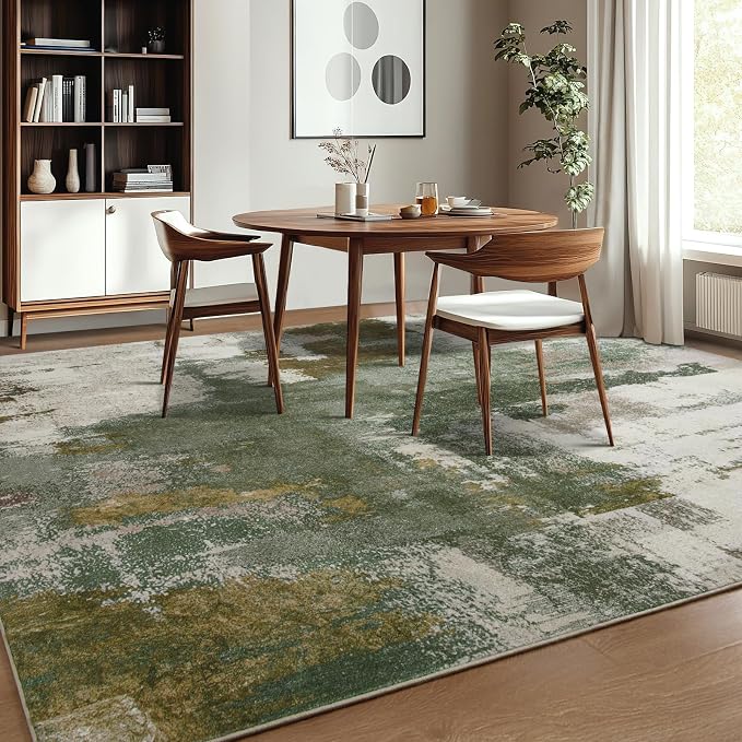 Kelarea Living Room Rug, 10x14 Rug Modern Abstract Washable Rugs, Green Vintage Low Pile Carpet, Non Slip Large Rugs for Bedroom, Dining Room, College Dorm, Home Office