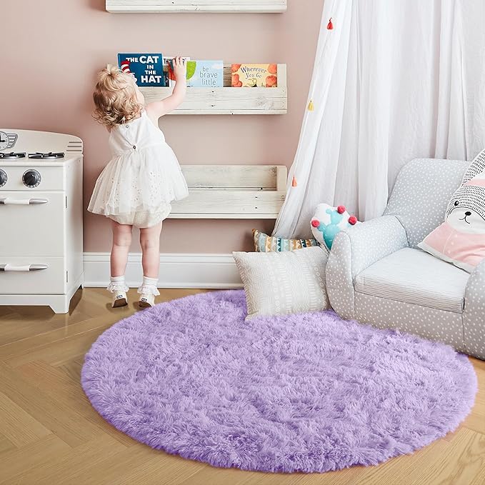 Amdrebio Light Purple Large Round Rugs 6Ft for Girls Bedroom, Fluffy Fuzzy Circle Area Rug for Kids Room Decor Aesthetic, Soft Cute Furry Plush Shag Lavender Carpet for Classroom, Baby Nursery, Dorm