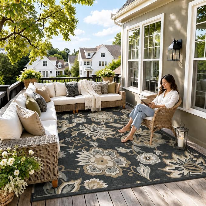Lahome Floral Indoor Outdoor Rugs, 6x9ft Non Slip Outdoor Patio Rug for Deck Backyard, Soft Outdoor Area Rug for Camping Picnic Backyard, Washable RV Outdoor Rugs for Living Room Bedroom,Black