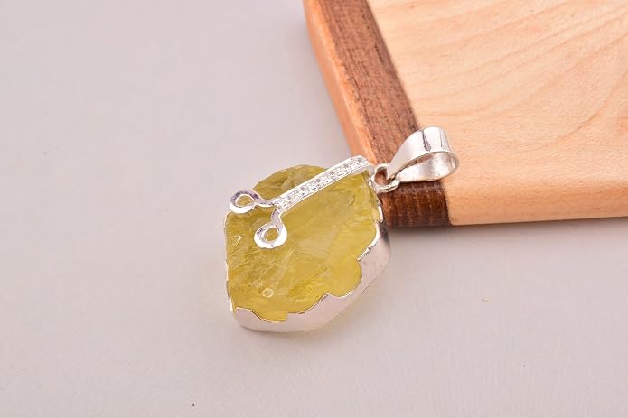 Natural Raw Lemon Quartz Stone Rough Crystal Gemstone Dainty Women Pendant Necklace, Chakra Healing Crystals, Birthstone, Gift, Rhodium Plated 925 Sterling Silver Chain 18 inch