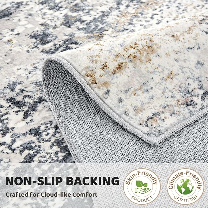 DMOYEST Washable Runner Rug for Hallway: 3x12 Neutral Modern Abstract Low Pile Area Rug with Non-Slip Backing - Carpet for Bedroom Kitchen Laundry Entryway Bathroom Indoor -Beige Blue