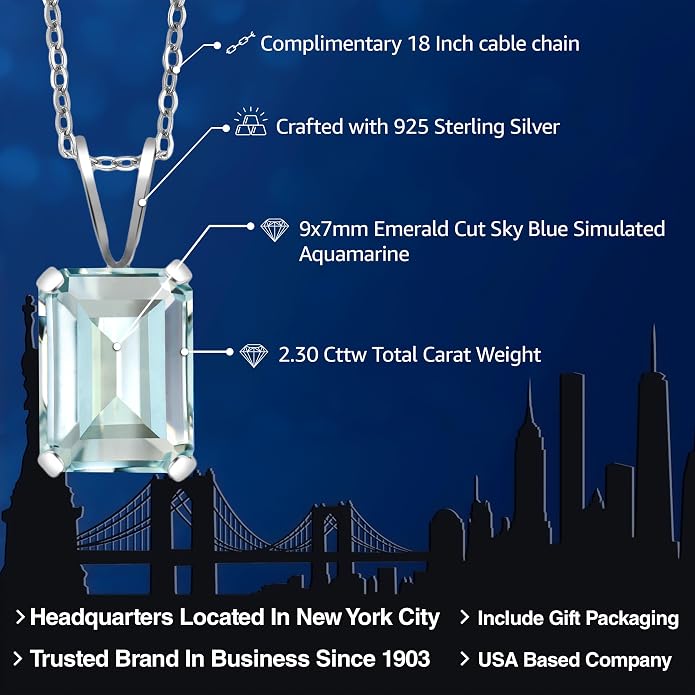 Gem Stone King Emerald Cut Pendant Necklace For Women | 925 Sterling Silver | Emerald Cut 9X7MM | Gemstone Birthstone | Fine Jewelry for Her Mom Wife | With 18 Inch Silver Chain