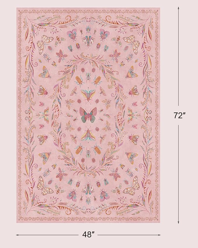 Floral 4x6 Rugs for Small Living Room - Beige and Yellow Pastel, Low Pile Non Slip Stain Resistant Throw Rug for Under Bed, Large Entryway, Kitchen, Floor Carpet Aesthetic Kids