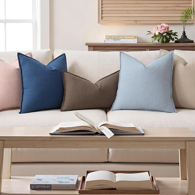 decorUhome Fall Blue Linen Throw Pillow Covers 18x18 Set of 2 | Decorative Soft Cozy Modern Farmhouse Boho Accent Pillow Cases with Flange Edges for Couch Bed Sofa Living Room Home Decor