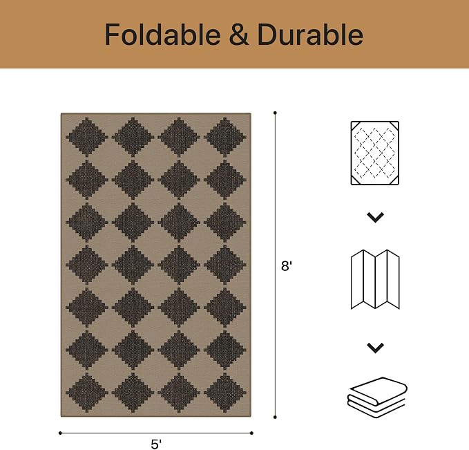 GENIMO Indoor Outdoor Area Rug 5'x8', Checkered Easy Jute Rug Machine Washable, Easy-Cleaning, Non Slip Geometric Woven Outdoor Carpet for Patio, Living Room, Backyard, Porch, Deck, Balcony