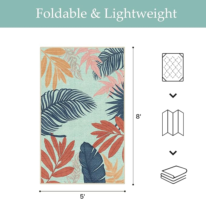 GENIMO 5x8 Outdoor Rug, Washable for Patio and Deck, Navy Sage | Botanical leaf design for porch; fade resistant chenille with quick-dry non-slip backing for indoor sunroom.