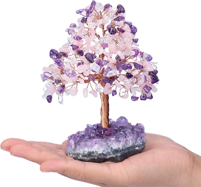 Jovivi Natural Amethyst + Clear Quartz + Rose Quartz Healing Crystal Money Tree on Amethyst Cluster Geode Druzy Base Feng Shui Crystals for Home Office Desk Decorations, Wealth, Good Luck