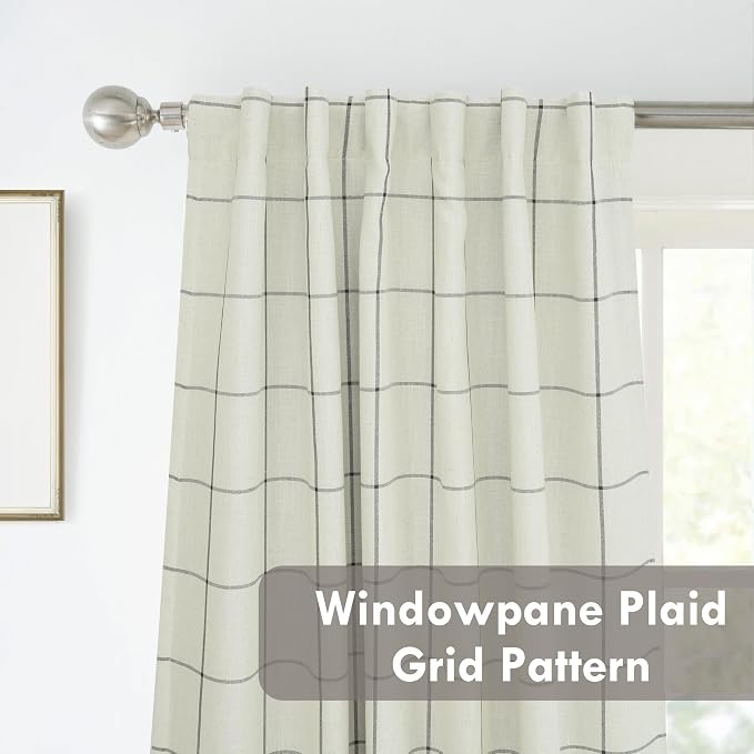 DriftAway 100% Blackout Plaid Linen Curtains 72 Inches Long 2 Panels Black | 100% Blackout, Linen Texture, Plaid Pattern, Two Layers, Rod Pocket & Back Tab, Bedroom Living Room Use, Luxury Appearance
