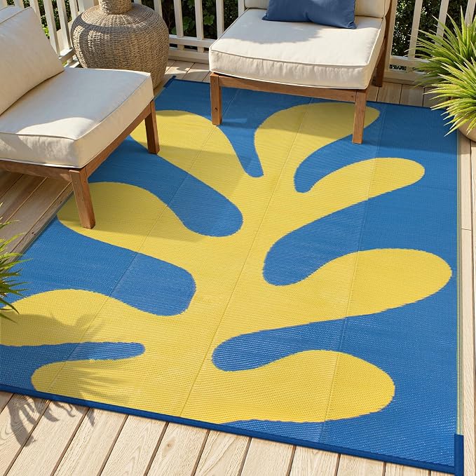 Lahome Plastic Ocean Coral Outdoor Rug, 6x9 Funnky Waterproof Outdoor Patio Rug, Portable Lightweight Rv Mats for Outside Camping Beach Picnic, Blue 6'x9'