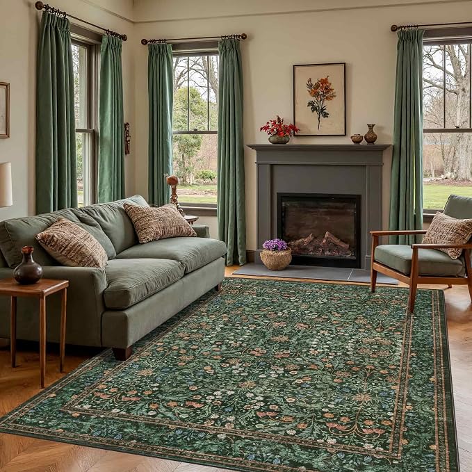 Rugxara Green 8x10 Area Rugs for Living Room Bedroom Large Washable Rug | Non Slip, Rug for Dining Room Office Kids Room, Stain Resistant, Soft, Low Pile, Vintage Boho Retro Carpet,Home Decor