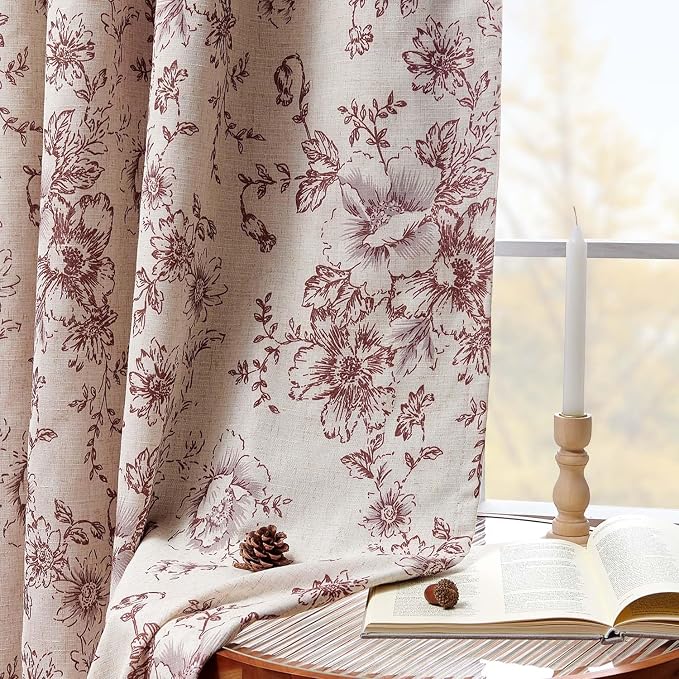 jinchan Red Floral Linen Blackout Curtains Lined 90 Inch Back Tab 2 Panels | Blackout lining, room darkening drapes, farmhouse, vintage, cottagecore, rustic, bedroom, living room, window treatment
