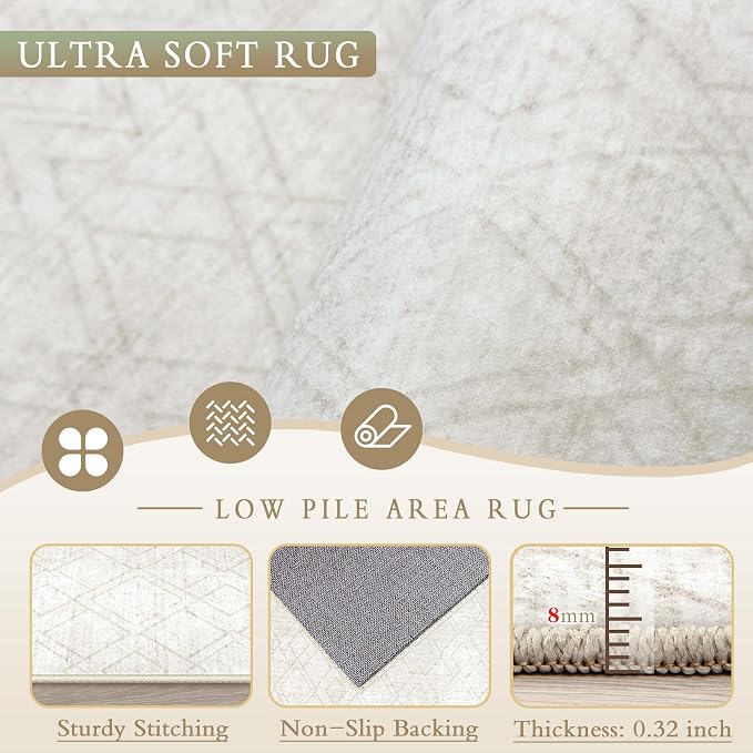 Area Rugs 5x7 Living Room Rug: Washable Geometric Moroccan Neutral Rugs Boho Modern Non Slip Area Rug Soft Indoor Floor Low Pile Carpet for Bedroom Nursery Dining Room Home Office (Beige, 5'x7')