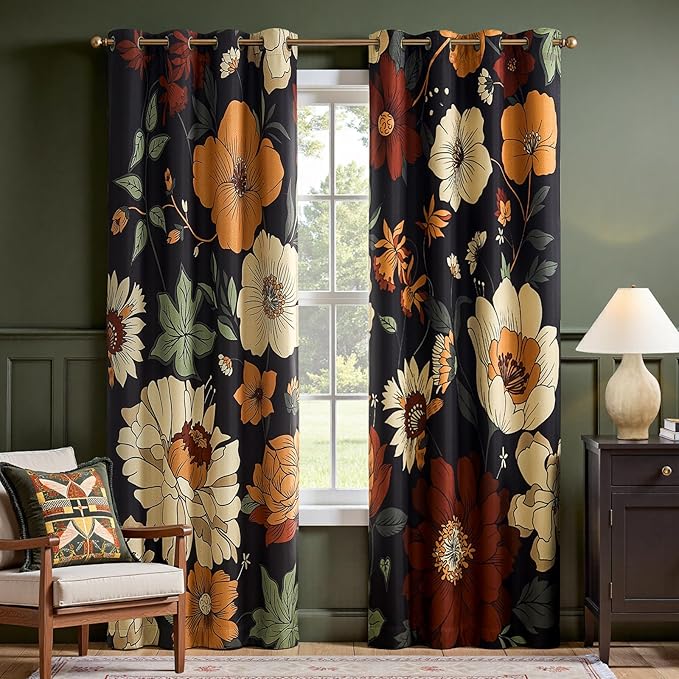 jinchan Black Boho Floral Blackout Curtains 90 Inch Grommet 2 Panels | Room darkening, Vintage, living room, bedroom, privacy, floral print, flower pattern, fall decor, window treatments