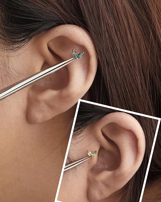 Jewseen Celtic knot&Butterfly Moss Agate Stud Earrings Dangle Internal Threaded Flat Back 16g 8mm Hypoallergenic 925 Sterling Silver Piercing Jewelry for Cartilage Lip Conch Tragus Helix