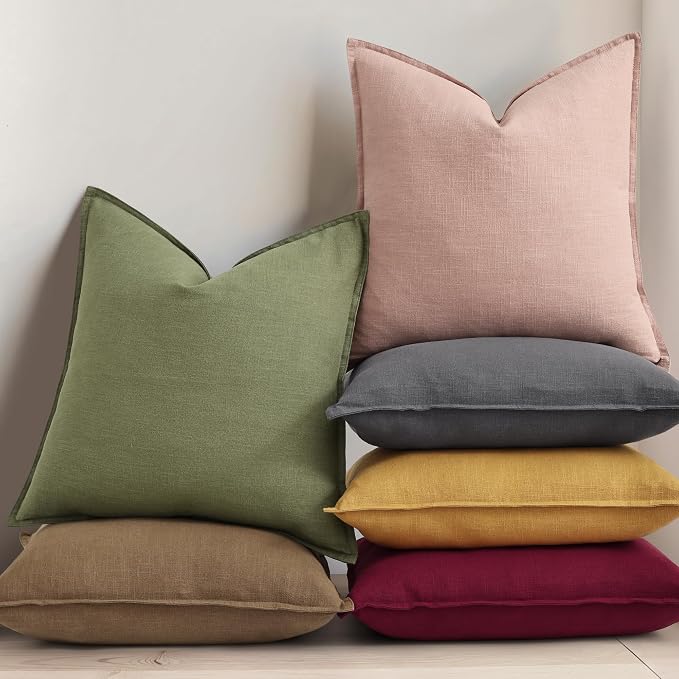 decorUhome Fall Olive Green Linen Throw Pillow Covers 16x16 Set of 2 | Decorative Soft Cozy Modern Farmhouse Boho Accent Pillow Cases with Flange Edges for Couch Bed Sofa Living Room Home Decor