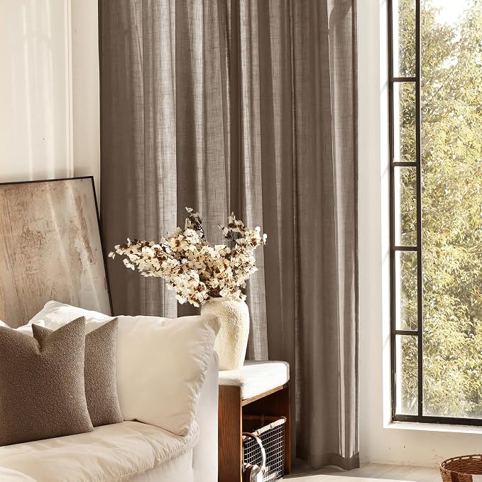Chocolate Brown Linen Curtain 92 inch Length 2 Panels Set Back Tab Light Filtering Living Room Curtain Drapes Home Office Modern Minimalist Decor Farmhouse Boho Neutral Semi Sheer Curtain 92 inch Long