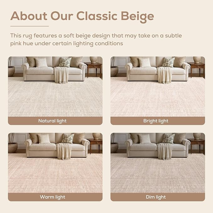 Nakagishi 10x12 Area Rugs Living Room: Washable Large Vintage Rug Neutral Non-Slip Soft Stain Resistant Indoor Carpet for Bedroom Nursery Dining Room Office Playroom - Beige