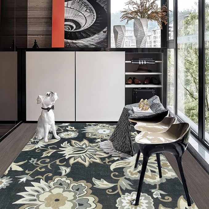 Lahome Floral Indoor Outdoor Rug, 5x8ft Non-Slip Outdoor Patio Rug for Camping Picnic, Portable Outdoor Carpet for Balcony Deck Backyard, Washable RV Mat Outdoor Rugs for Living Room Bedroom,Black