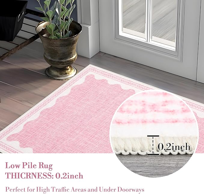 3x5 Scalloped Area Rugs Pink Washable Entryway Bedroom Rug | Solid Tan Rug for Bedroom Girls, Non Slip Throw Carpet With Rubber Back, Soft Dorm Nursery Scalloped Rugs for Dining Room