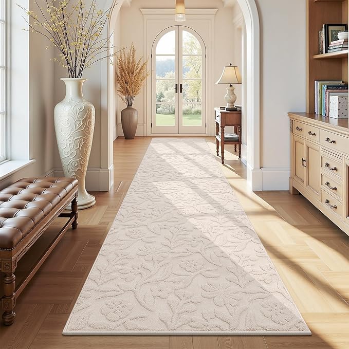 Vaukki 2x10 Runner Rug for Living Room, Soft Fluffy Washable Modern Floral Indoor Floor Mat, Non Slip Shaggy Boho Accent Throw Carpet for Bedroom, Living Room, Nursery and Dining Room, Beige