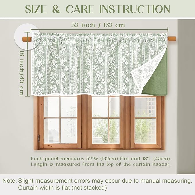 ASPMIZ Linen Valances for Windows Double Layer Valance Curtains with Lace Overlay, Sage Green Kitchen Curtains Light Filtering, Rod Pocket Window Valances for Living Room, Kitchen, Cafe, 52x18