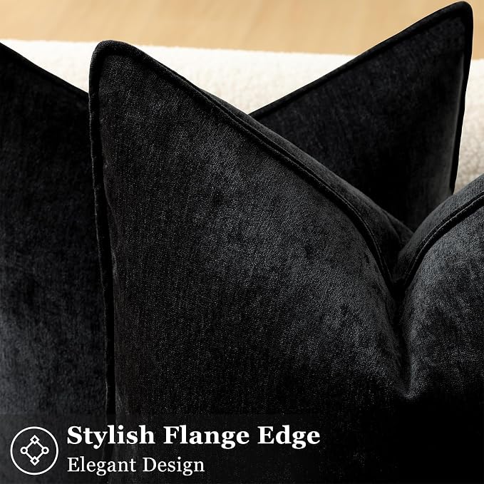 decorUhome Chenille Black Velvet Throw Pillow Covers 16x16 Set of 2 | Fall Soft Couch Decorative Modern Farmhouse Pillow Cases with Elegant Design for Sofa Bed Living Room Home Decor