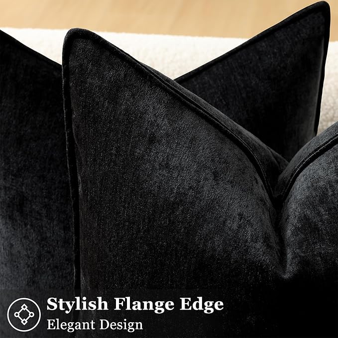 decorUhome Chenille Black Velvet Throw Pillow Covers 18x18 Set of 2 | Fall Soft Couch Decorative Modern Farmhouse Pillow Cases with Elegant Design for Sofa Bed Living Room Home Decor
