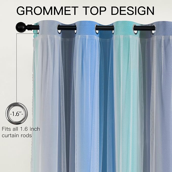 XiDi Blakout Curtains with Sheer Overlay 84 Inches Long for Bedroom 2 Panels Double Layer Rainbow Curtains for Nursery Kid Room Thermal Insulated Room Darkening Grommet Drapes Blue Green Grey 34Wx84L