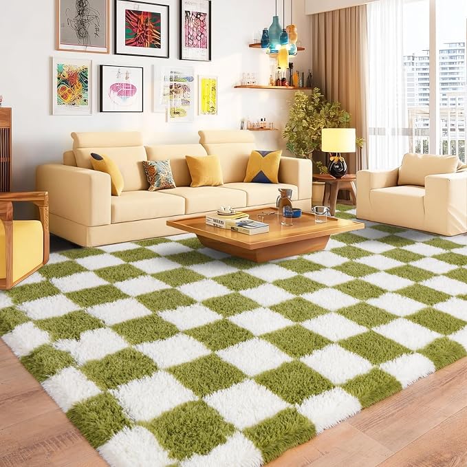 Pionblank 8x10 Area Rugs for Living Room, Fluffy Plush Checkered Rug for Bedroom, Shag Non Slip Soft Furry Large Carpet for Kids Room Nursery Home Decor, Grass Green and White